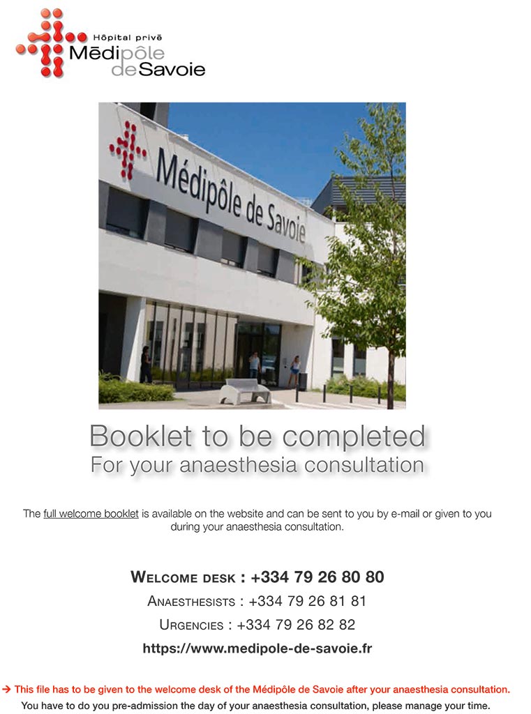 Booklet Welcome - Anaesthesia Consultation Medipole Savoie